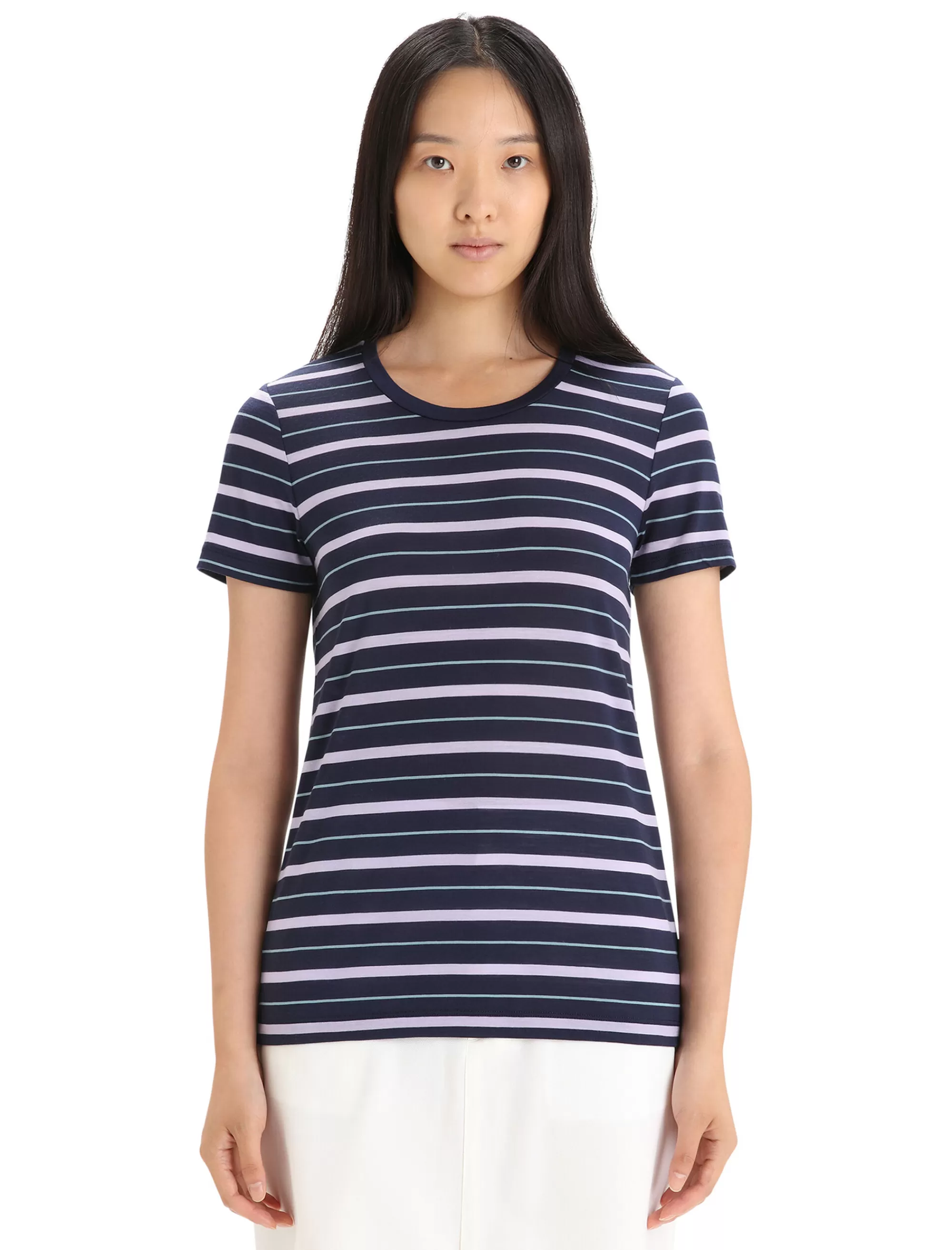 Icebreaker T-Shirt Manches Courtes Merinos Wave Stripe Femme Midnight Navy/Purple Gaze Sale