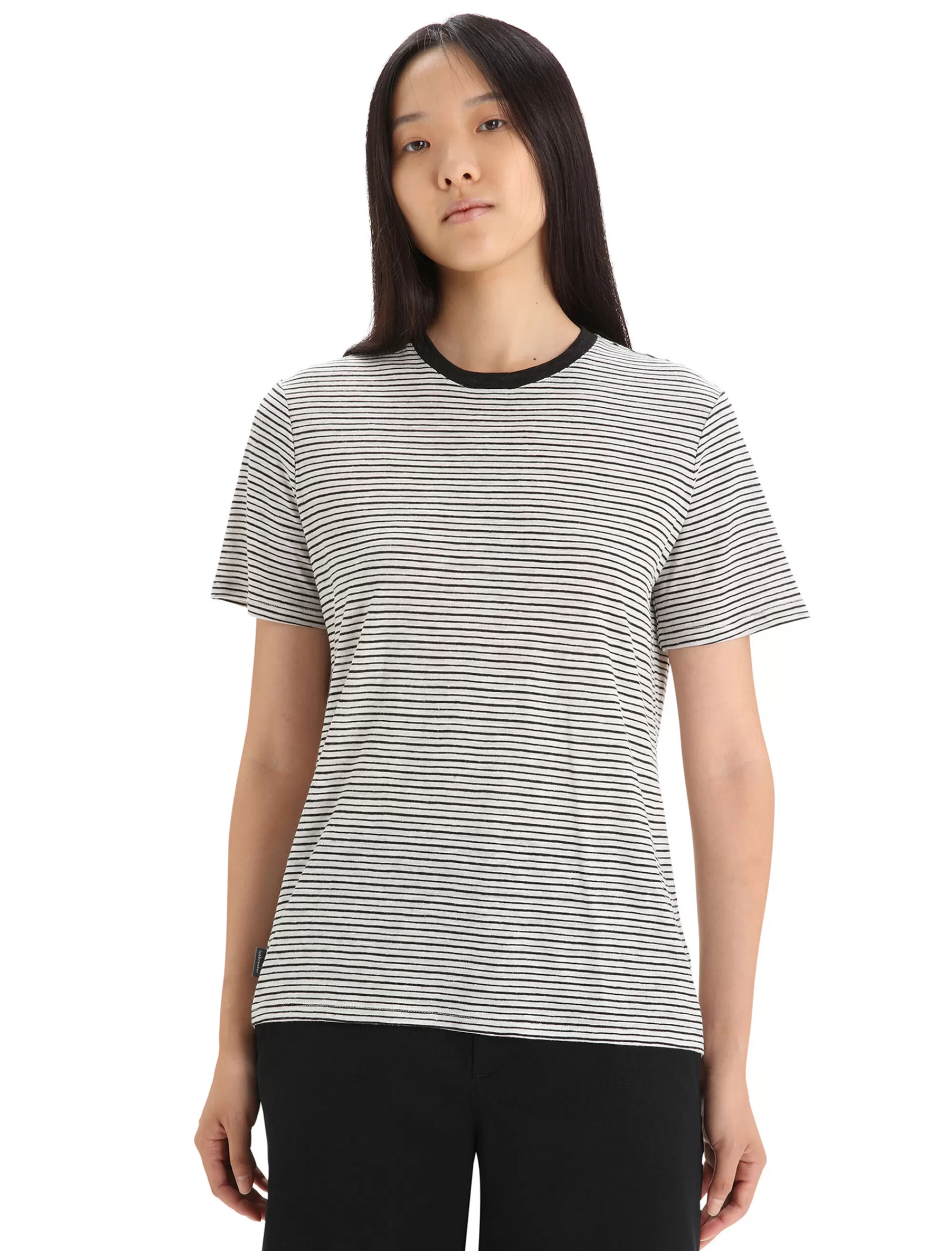 Icebreaker T-Shirt Manches Courtes Merinos/Lin Stripe Femme Snow/Black Clearance