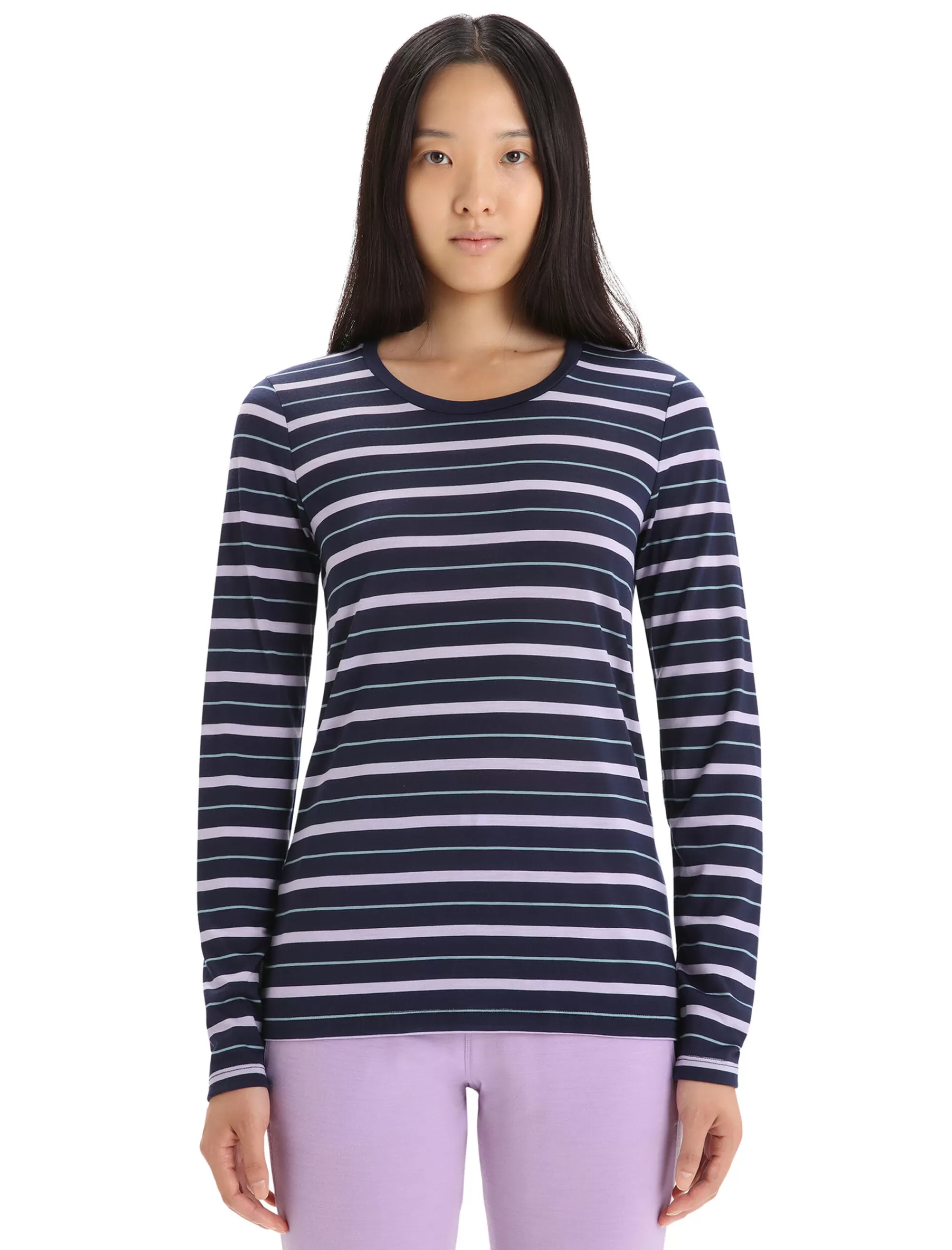 Icebreaker T-Shirt Manches Longues Merinos Wave Stripe Femme Midnight Navy/Purple Gaze New