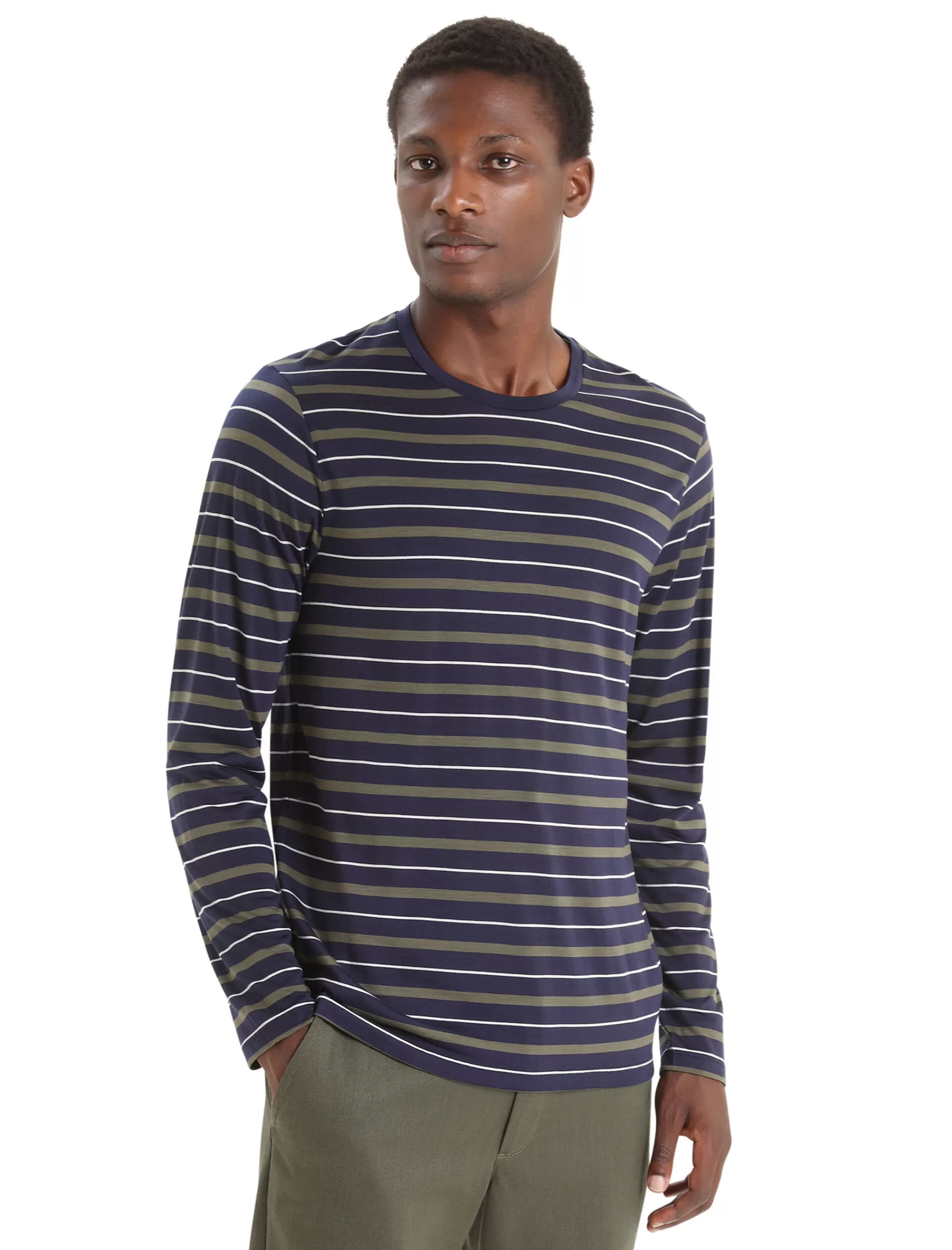 Icebreaker T-Shirt Manches Longues Merinos Wave Stripe Homme Midnight Navy/Loden Best Sale